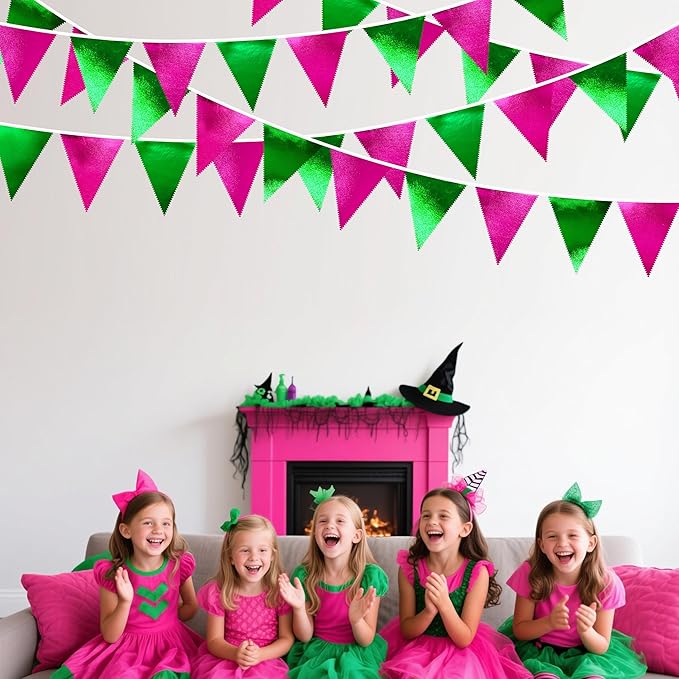 Pink and Green Party Decorations Metallic Hot Pink Light Green Fabric Triangle Pennant Banner Flag Bunting Garland for Witches Theme Birthday Wedding Baby Shower Engagement Bachelorette Party Supplies