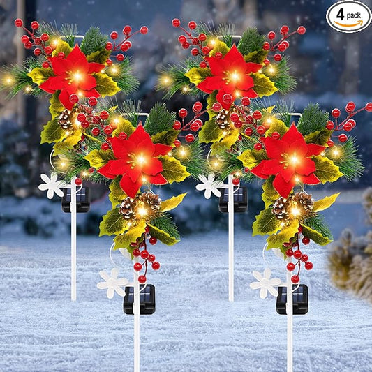 4 Pack Solar Christmas Decorations Outdoor, 32 Inch Solar Christmas Cross Stake Lights, Waterproof Grave Decorations with Poinsettia Flower Pinecones Red Berries for Garden Yard Patio Lawn Cemetery