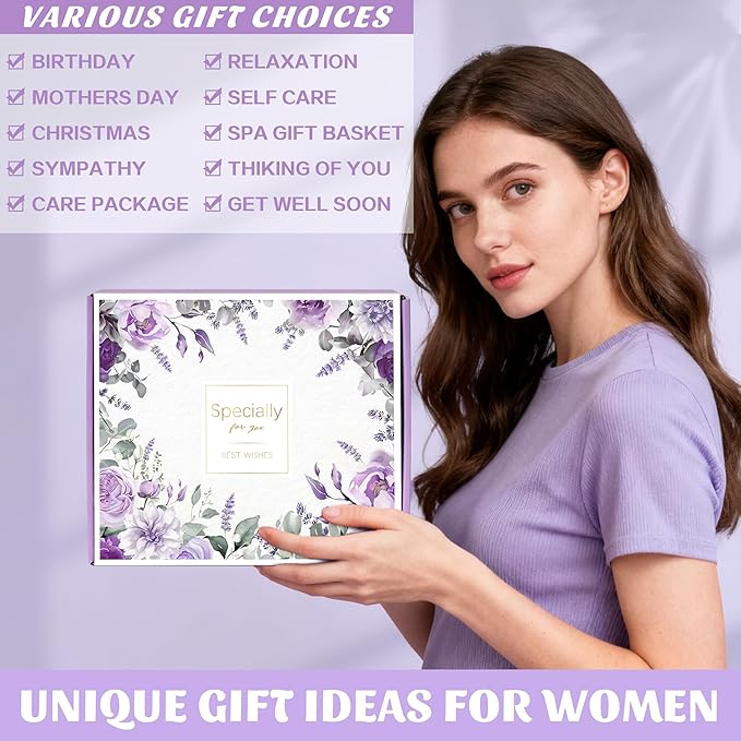 Birthday Gifts for Women Self Care Get Well Soon Gifts, Lavender Relaxing Spa Gift Basket - Care Package w/ Luxury Flannel Blanket & 40 oz Tumbler, Mother's Day Christmas Gift for Mom Her Wife Sister