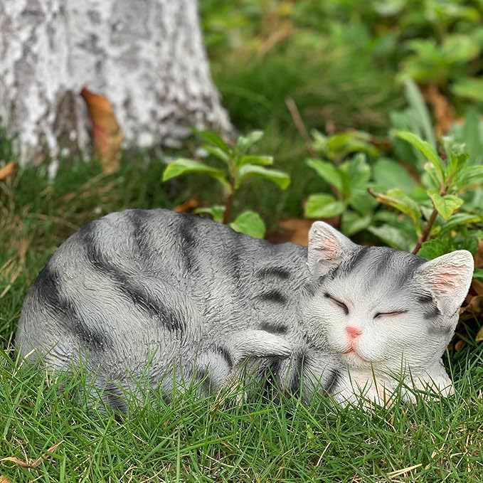 Cat Figurines Outdoor Statue Garden Decor, Cat Statue Garden Statues Outdoor Clearance for Patio, Lawn Decoration, 11.5" Larger Grey Sleeping Cat Statue for Indoor Table Accessory, Cat Gift for Mom