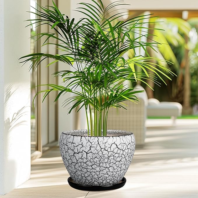 Ceramic Planters for Indoor Plants - 10 Inch Plant Pot with Drainage Hole and Saucer, Large Flower Pot for Home Decor, White/Black