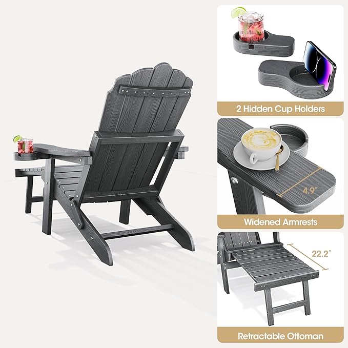 Adjustable Backrest Folding Adirondack Chair with Ottoman & 2 Cup Holders, HIPS Weather Resistant Adirondack Chair, Outdoor Fire Pit Chair for Beach, Pool, Deck, Porch, Yard, Lawn, Grey