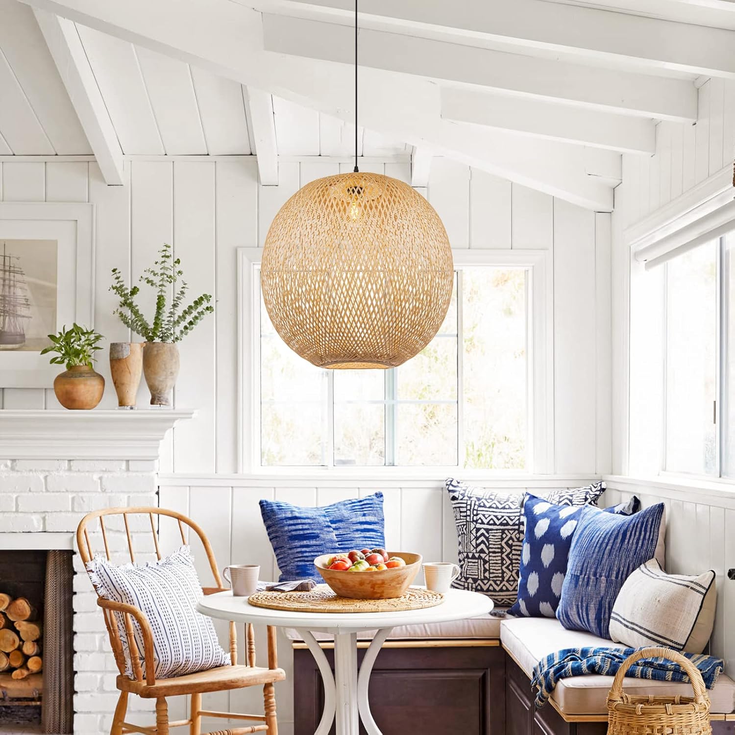 Arturesthome Bamboo Pendant Lighting Fixtures, Round Wicker Chandelier Hand-Woven Boho Basket Lampshade Hanging Ceiling Light for Kitchen Island Living Room