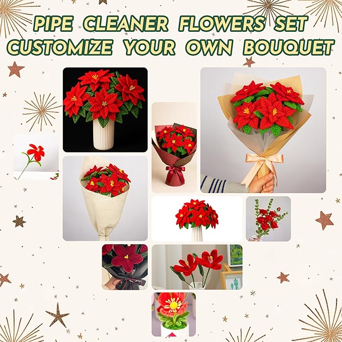 500Pcs Special Poinsettia Pipe Cleaners Craft Kit, All-in-One DIY Christmas Flower Making Supplies with Chenille Stems, Floral Wire, Floral Tape, Stamen, Ribbon for Holiday Decorations