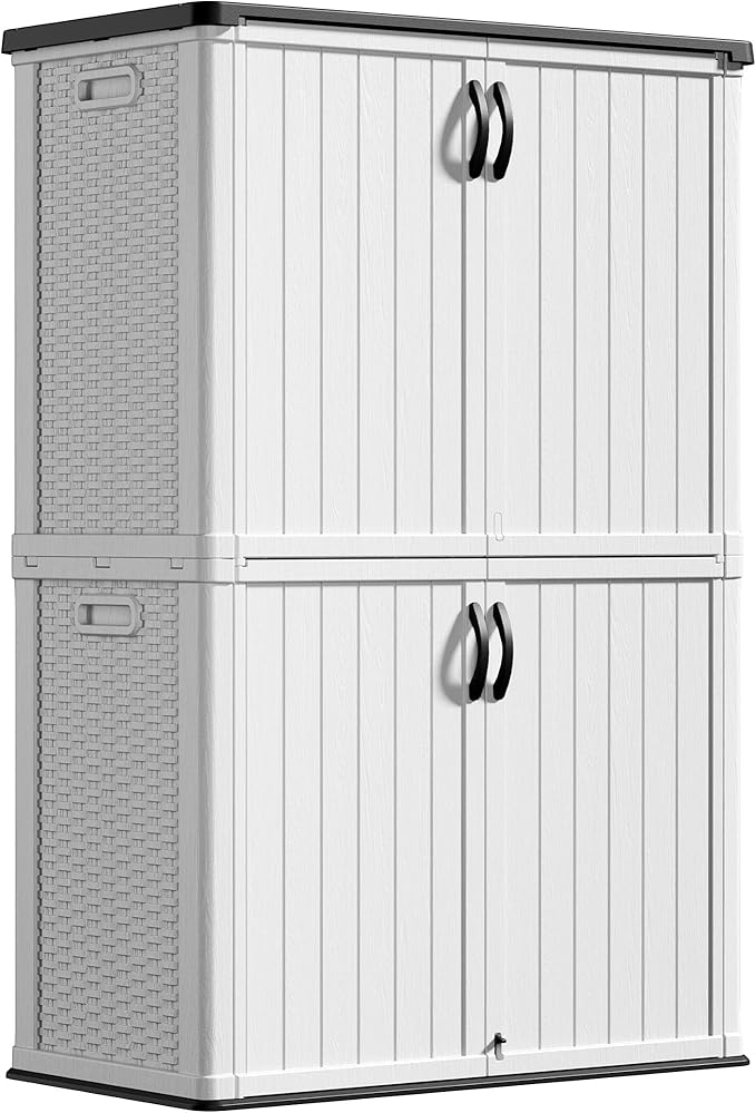 Greesum Outdoor Storage Cabinet Without Shelves, 45 cu.ft Outdoor Waterproof Storage Shed for Garden Tools, Pool Storage, Garbage Cans, White