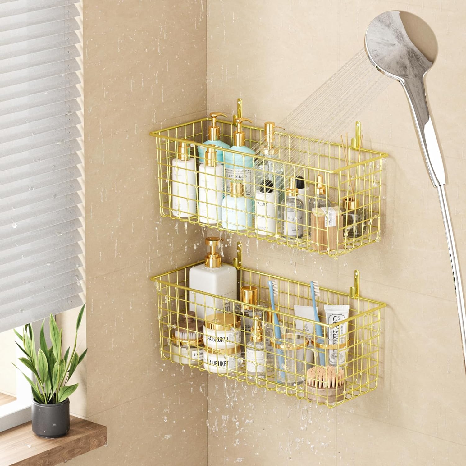 2 Sets Extra Large Hanging Wall Basket, Gold Metal Wire Baskets with Steel Hooks for Organizing, WallmountedFruit Vegetable Toy Snack Storage, Home Kitchen Bathroom Laundry Pantry Organizer