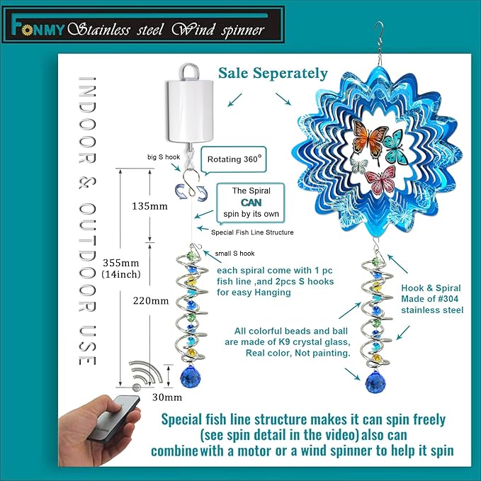 FONMY Gazing Ball Spiral Tail -Decorative Wind Spinner Sun Catcher Rainbow Maker Double-Spiral W/Sea Blue Crystal Ball and Chain Crystals for Indoor Outdoor Garden Decoration -14 inch Height