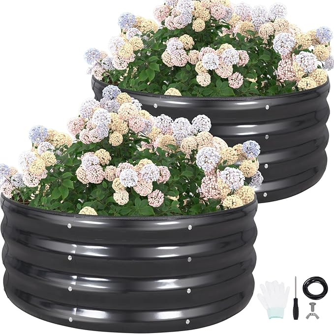 G GOOD GAIN Round Raised Garden Bed - 2Pcs 3x3x1ft Galvanized Steel Planter Boxes Outdoor with Rubber Edge Trim | Metal Raised Beds for Gardening Vegetables Flowers Fruits Herbs (Dark Grey)