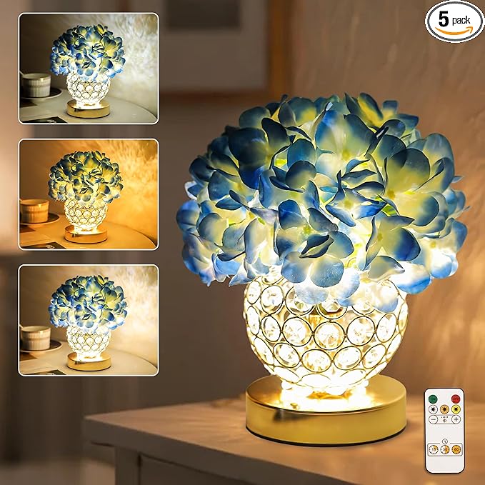 Flower Table Lamp, LED Night Light, 3 Color Modes Artificial Hydrangea Desk Lamp for Bedroom Living Room Decor, Ideal Gifts for Women Mom Wife Friend on Birthday Christmas (Hydrangea-Blue)