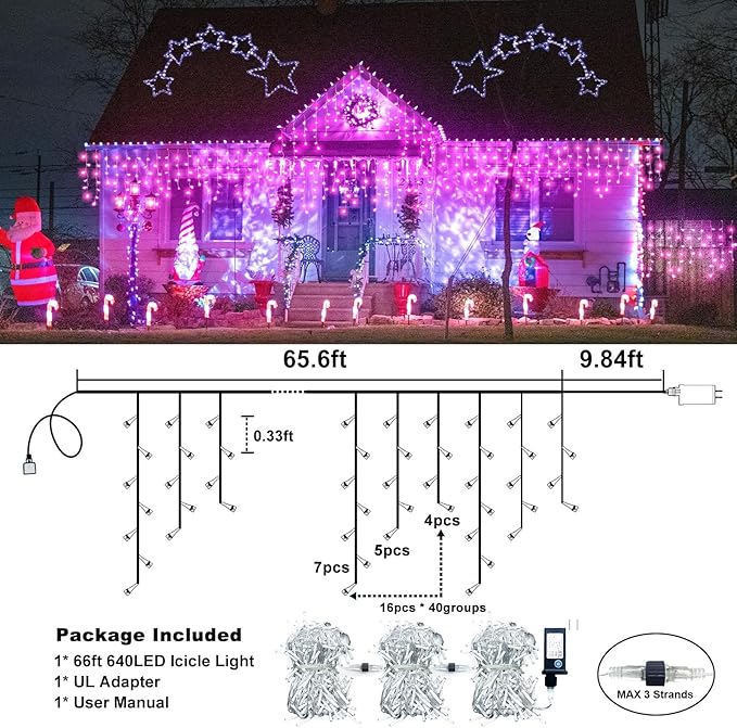 Christmas Icicle Lights Outdoor, 66Ft 640 LED Icicle Lights for Outside with 8 Modes Timers, Waterproof Plug in Twinkle String Light for House Yard Eave Patio Party Holiday Decorations, Pink