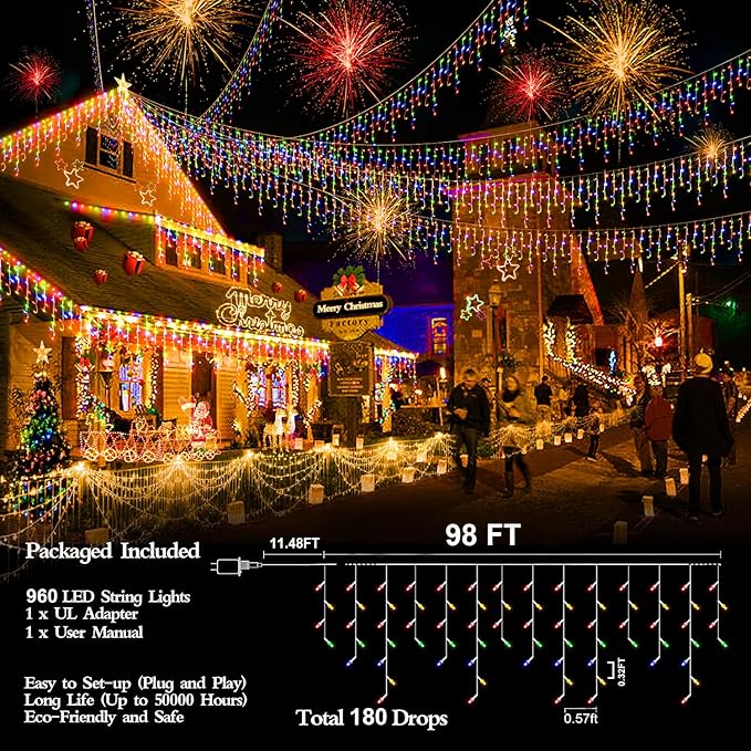 960 LED 98FT Christmas Lights Plug in 8 Modes with Timer Dimmable Christmas Decorations Outdoor Waterproof Indoor Curtain String Lights for Roof Garden Holiday Wedding Party Decor Multi Colored