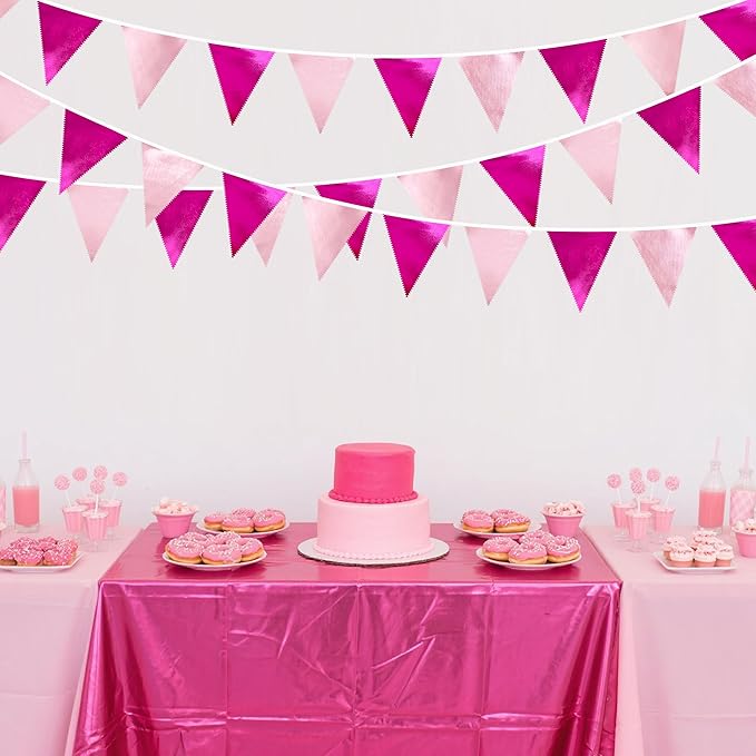 Hot Pink Party Decorations Metallic Fabric Gradient Pink Triangle Pennant Banner Flag Bunting Garland for Women Girl Birthday Retirement Bridal Shower Wedding Baby Shower Bachelorette Party Supplies