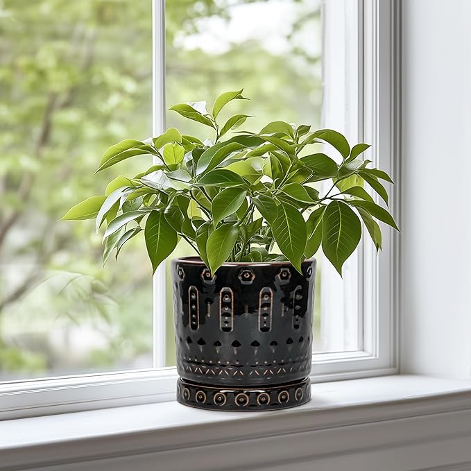 Ceramic Plant Pots - 6 Inch Ceramic Planter for Indoor Outdoor, Round Flower Pots with Drainage Hole and Plant Saucer, Boho Decorative Small Planter, House Decor, Gifts for Gardeners, Black