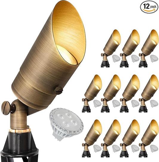 GKOLED 12 Pack Brass Landscape Spotlight, LED Low Voltage Landscape Lighting, Outdoor Adjustable Lights for Yard Wall Lawn Tree Patio Garden, Waterproof Directional Up Light with 5W MR16 Bulb