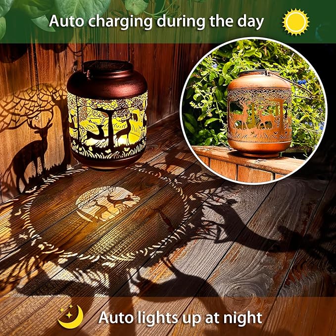 Deer Solar Lanterns Outdoor Waterproof Hanging Solar Lights Deer Gifts for Women Men Metal Decorative LED Lanterns for Yard, Patio, Lawn, Tabletop, Pathway, Landscape, Garden Decor