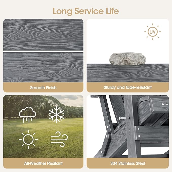 Folding Adirondack Chair Set of 4 with Adjustable Backrest, Adirondack Chair with Retractable Ottoman with 2 Cup Holders, for Pool Deck Beach Garden, Grey