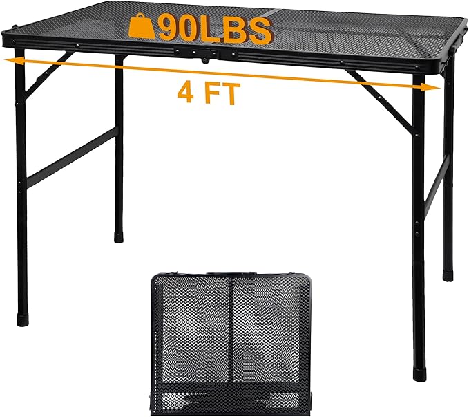 Camping Table with Mesh Desktop, Lightweight & Portable Folding Grill Table, Height Adjustable Metal Outdoor Table for Camp, Cooking, BBQ, RV, Picnic-4 FT Black