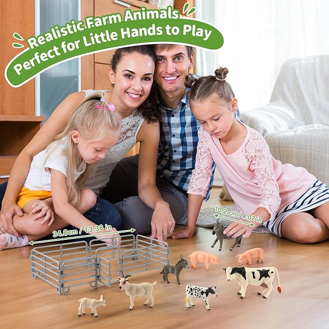 Farm Animal Toys, Realistic Farm Animal Figurines and Fence Playset, Includes Cow Pig Donkey Goat, Birthday Christmas Animal Gift Set for Kids Toddlers (Farm World)