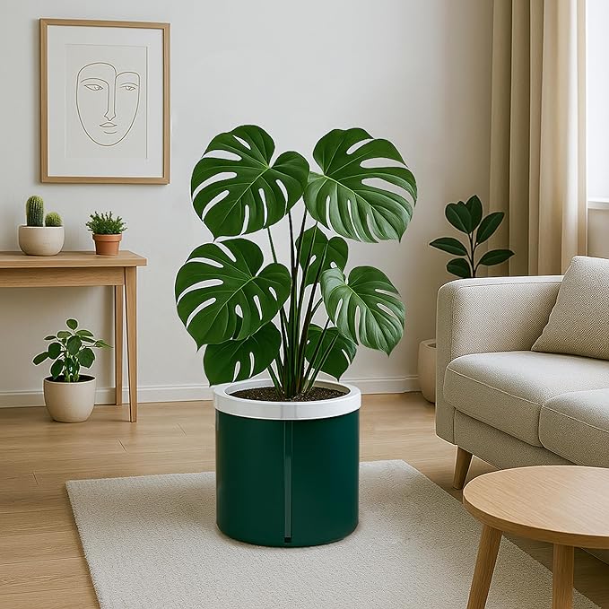 D'vine Dev 10 Inch Design Self Watering Planter for Indoor Plants, White Terracotta Pot with Teal Cylinder Glass Cup, 37-X-D-5