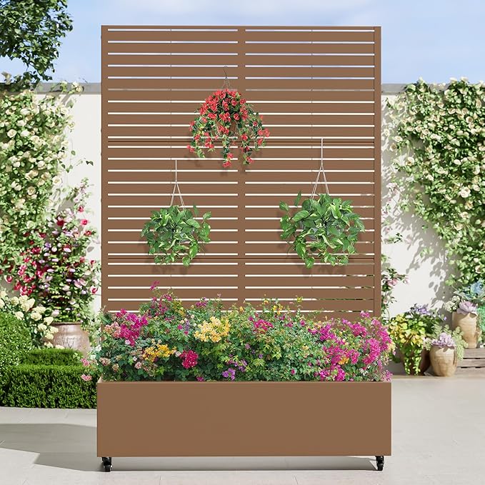 Casaphoria Metal Raised Garden Bed with Trellis and Wheels, 72"x47"x16" Planter Box for Climbing Plants, Vegetables & Vines, Features Drainage Holes and Privacy Screen (Brown-Louvered)