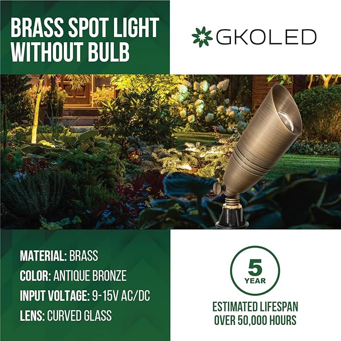 GKOLED Solid Brass Landscape Spotlight, 12V AC/DC Low Voltage Landscape Lights, Outdoor Directional LED Uplight Waterproof Fixture with ABS Spike, Garden Patio Trees Spot Up Light, No MR16 Bulb