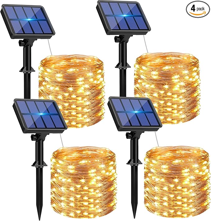 4 Pack Solar String Lights Outdoor - 320LED 132FT Solar Fairy Lights Waterproof 8 Modes, Copper Wire Solar Powered Twinkle Lights for Outside Tree Garden Christmas Wedding Party Decor (Warm White)