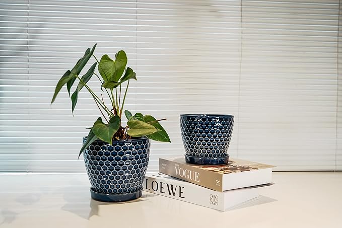 Docrin Ceramic Plant Pots Indoor: 6.6 + 5.5 Inch Planters with Drainage Holes and Saucer for Home/Office - Set of 2 /Blue Honeycomb