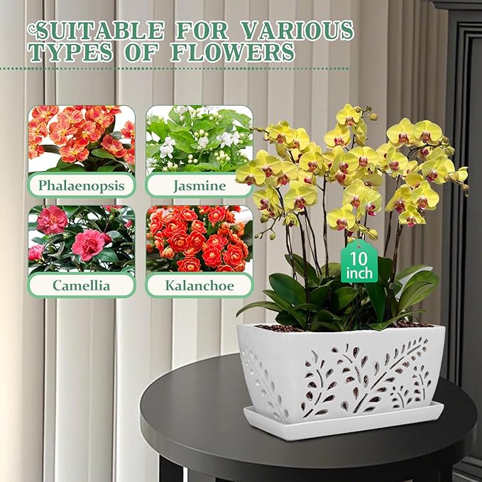 Ceramic Orchid Pot, 10 Inch Rectangular Orchid Pots with Holes, Premium Thickened Handmade Glazed Pot for Orchidaceae Plants, Indoor Outdoor Decorative Flower Pot for Easy Repotting