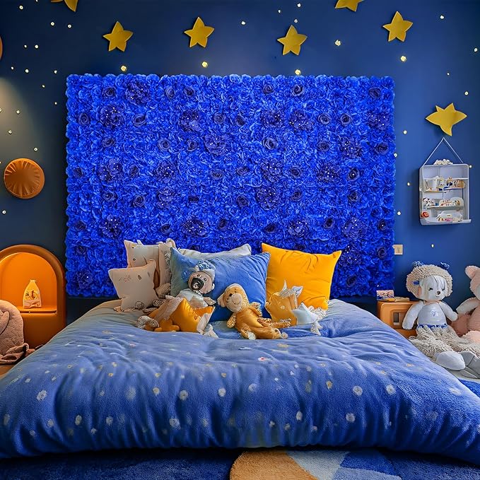 Flower Wall Backdrop 12 pcs 16.5x16.5 Inch Floral Wall Panel Artificial Silk Rose Wall Decor Ideal for Wedding Celebrations, Festive Party Backdrops, and Home Decor-Bright Blue