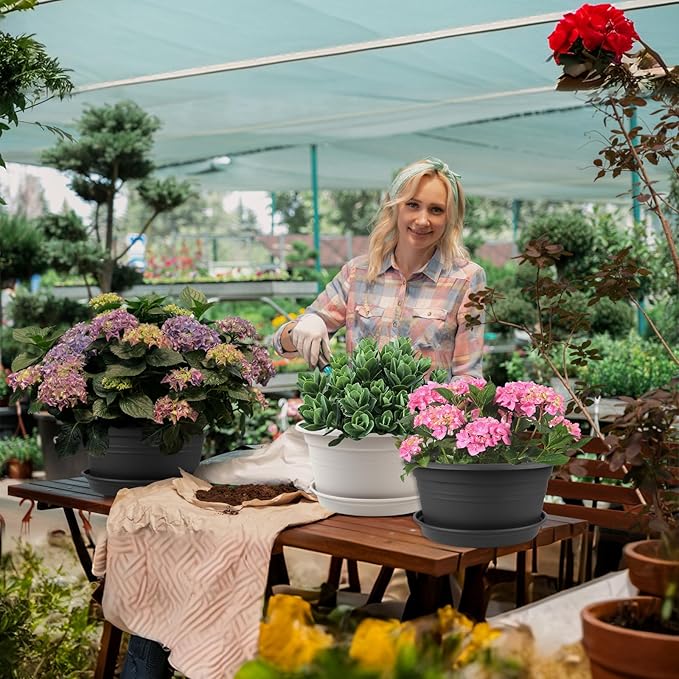 6 Pack 10 inch Plant Pot, Outdoor Pots for Plants with Drainage Hole & Tray Saucer, Round Plastic Plant Pot, Decoration Flower Pots for Indoor Plants Home Garden Outdoor Planters (White)