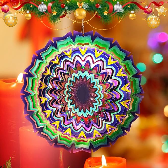 FONMY Wind Spinner Mandala Lucky Star Purple Color 12 inch 3D Stainless Steel Laser Cut Metal Art Geometric Pattern - Hanging Wind Spinner, Kinetic Yard Art Decorations - Indoor/Outdoor Décor