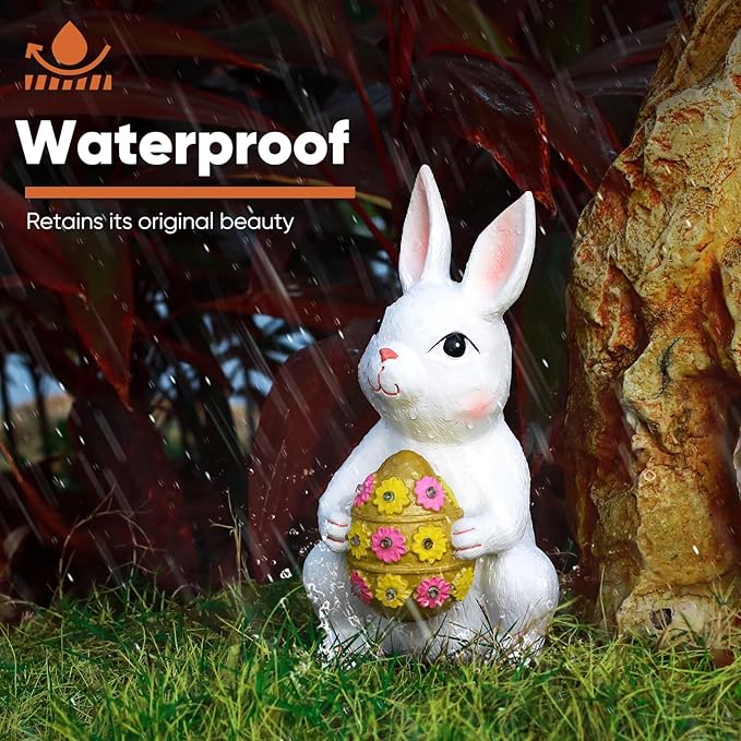 Brightever Outdoor Solar Garden Statues, Bunny with Easter Egg and 9 RGB LED Lights, Outdoor Figurine Lights - Solar Powered Garden Sculpture Easter Gifts for Kids, Women, Wife, Birthday