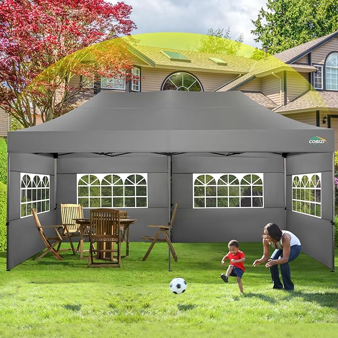 COBIZI 10x20 Canopy with Sidewalls, Heavy Duty Party Tent Pop up carpas para Fiestas, Tents for Parties, Wedding, Outdoor Ez up Foldable Portable Canopy Tent with Wheeled Bag, Grey(Windproof Upgrade)