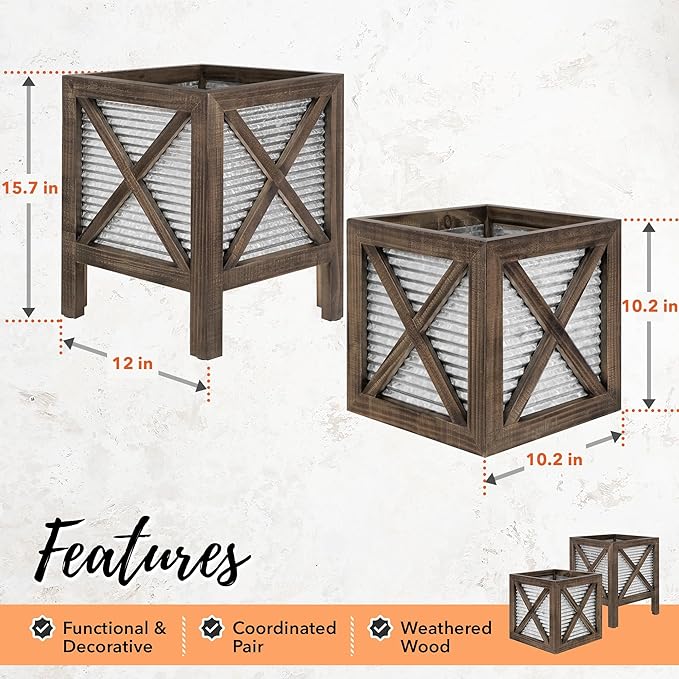 Autumn Alley Farmhouse Front Porch Planters Set of 2 Stand with Galvanized Corrugated Metal Planters for Outdoors/Indoors - Rustic Wood Square Planters Box on Legs – Charming Farmhouse Décor, Brown