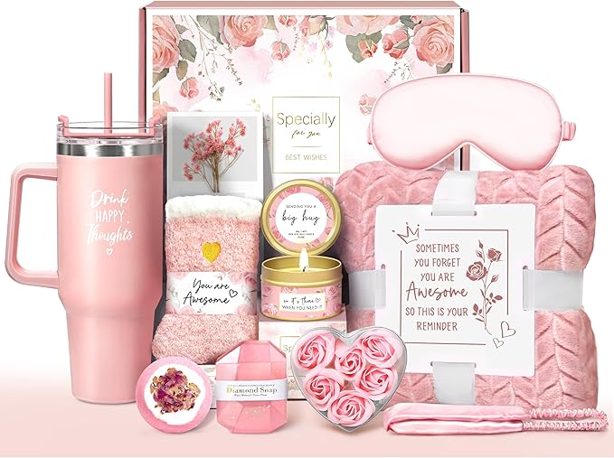 Birthday Gifts for Women Self Care Get Well Soon Gifts, Rose Relaxing Spa Gift Basket - Happy Birthday Set w/ Luxury Flannel Blanket & 40 oz Tumbler, Christmas Gift for Mom Her Wife Sister Friend