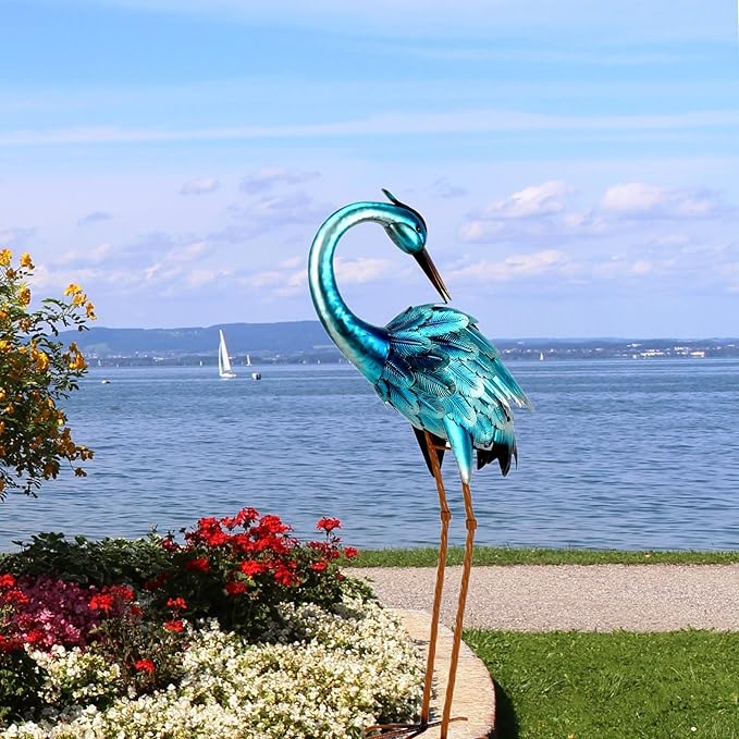 chisheen Metal Crane Garden Statue, Blue Heron Sculpture Yard Art, Large Heron Decoy, Bird Statues, Lawn Ornaments for Backyard Pond Patio Porch Outside Decorations