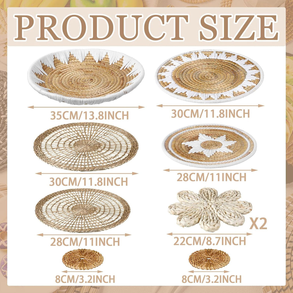 Xuhal Set of 8 Hanging Woven Wall Basket Handmade Decorative Rustic Boho Basket Decor Handcrafted Wicker Round Seagrass Wall Art for Home Kitchen Farmhouse Table Living Room