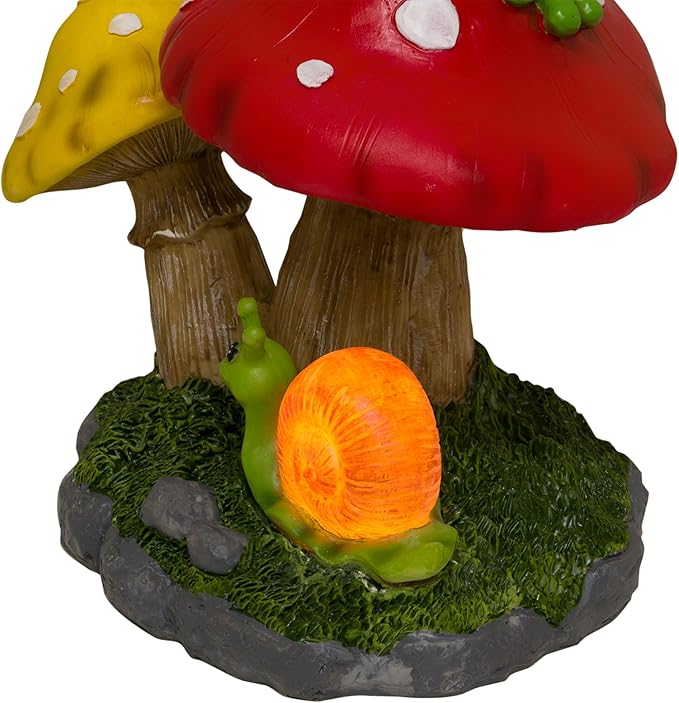 Alpine Corporation ZEN390SLR-S Frog on Mushroom Statue with LED Lights, Solar-Powered LED Frog Garden Statue, 12" H, Green