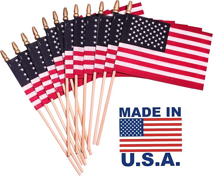 American Flags on Stick - Handheld Spearhead US Flag for 4th of July, Memorial Day Event Decorations - Patriotic Decor for Indoors & Yard - Wooden Stick, Cotton Fabric (4"X6" - 12 Pack)