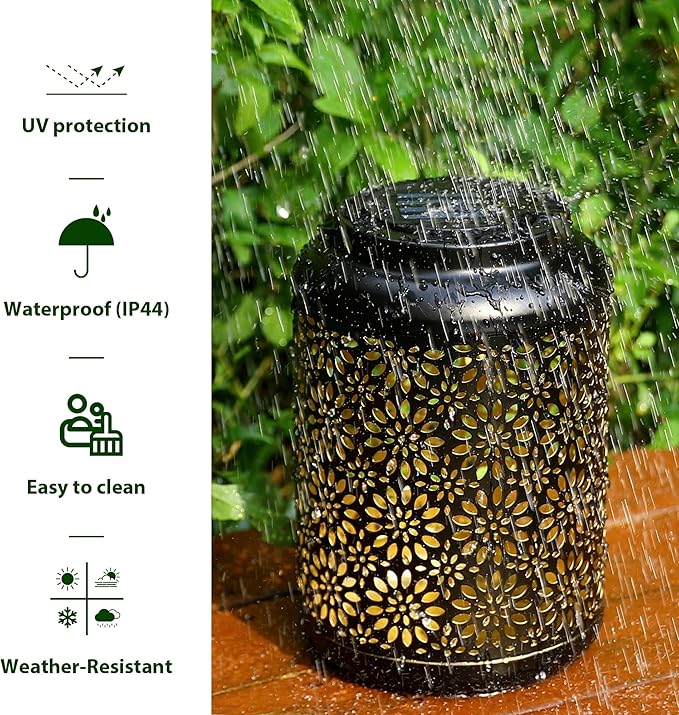 Glitzhome Solar Lantern Black Metal Cutout Flower Outdoor Hanging Solar Light with Handle for Garden Patio Yard Outdoor Decor