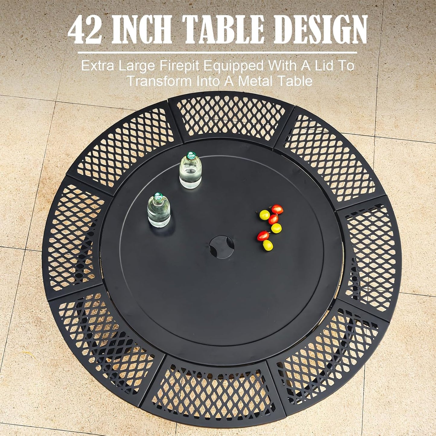 42 Inch Fire Pit with 2 Grills, Large Outdoor Firepits for Outside, Wood Burning Fireplace for Camping,Picnic,Bonfire, 3-in-1 Round Metal Table with Lid for Backyard,Patio,Party