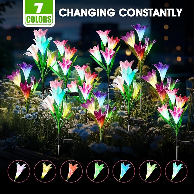 6 Pack Solar Garden Lights Outdoor, 7 Color Changing LED Waterproof Solar Powered Lily Flowers Landscape Lights for Outside Yard, Patio, Pathway Decorative, Décor