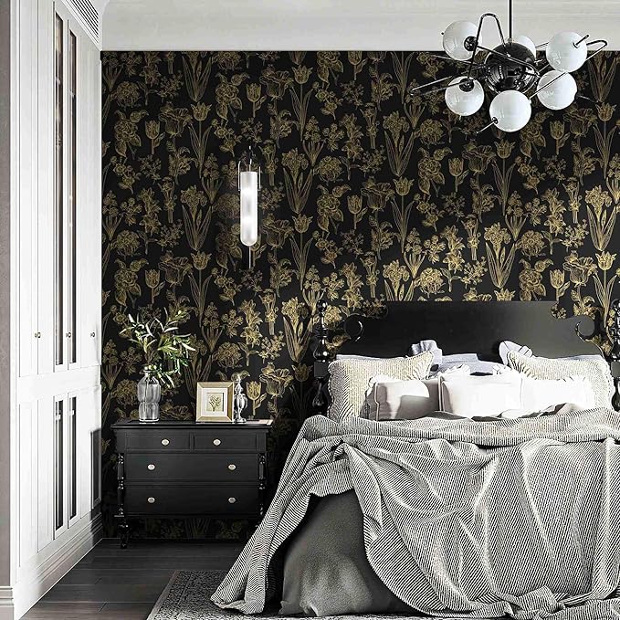 Dimoon 236"x17.3" Floral Wallpaper Peel and Stick Flowers Golden Black Contact Paper Thicken Waterproof Modern Self Adhesive Plants Wallpaper Removable Wall Paper Shelf Vinyl Roll