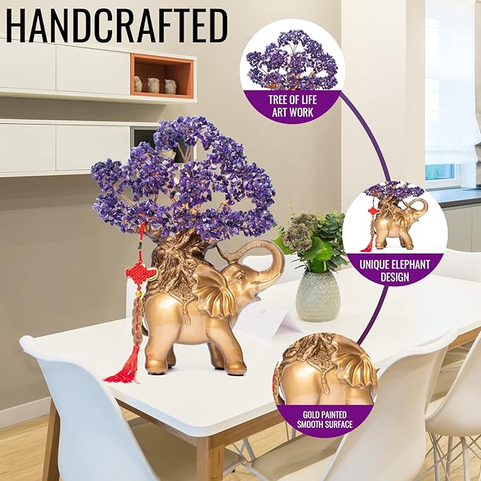 Amethyst Crystal Money Tree on Gold Elephant Statue, 17”Large Gemstone Bonsai Tree of Life Home Décor Gifts for Wealth Positive Energy, Feng Shui Décor
