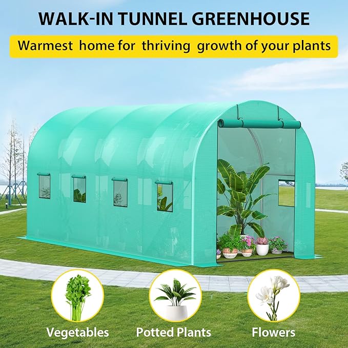 Compact Greenhouse Kit 7'x15'x7' with Galvanized Frame, 140G Green PE Cover, 1 Door & 8 Windows for Outdoor Gardening