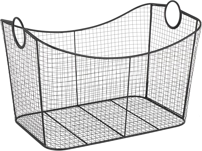 Deco 79 Metal Large Open Frame Wire Grid Storage Basket with Curved Sides and Ring Handles, 30" x 20" x 20", Black