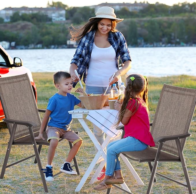 Aoodor Folding Patio Dining Chairs Textilene Fabric, Outdoor Steel Frame for All Weather Use, Fit for Porch, Lawn, Yard, Set of 4, Brown