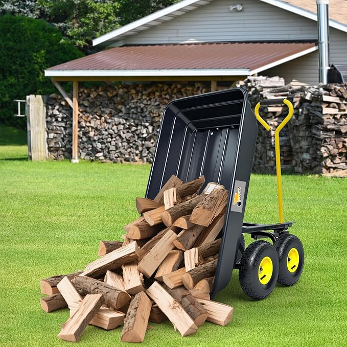 Garden Dump Cart, Heavy-Duty Utility Wagon with 600 lb Capacity, 4 Cu Ft Bed, 10" Pneumatic Tires, 180° Pivot Steering for Yard, Lawn, and Beach Use