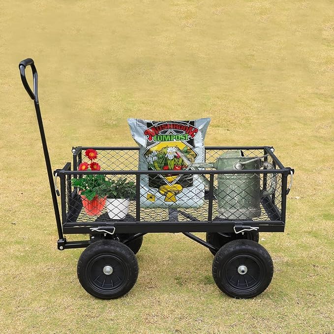 BILT HARD 10" Flat Free Tires Heavy Duty Garden Cart with 180° Rotating Handle and Removable Sides, 4 Cu.Ft 400 lbs Capacity Utility Steel Wagons for Outdoor
