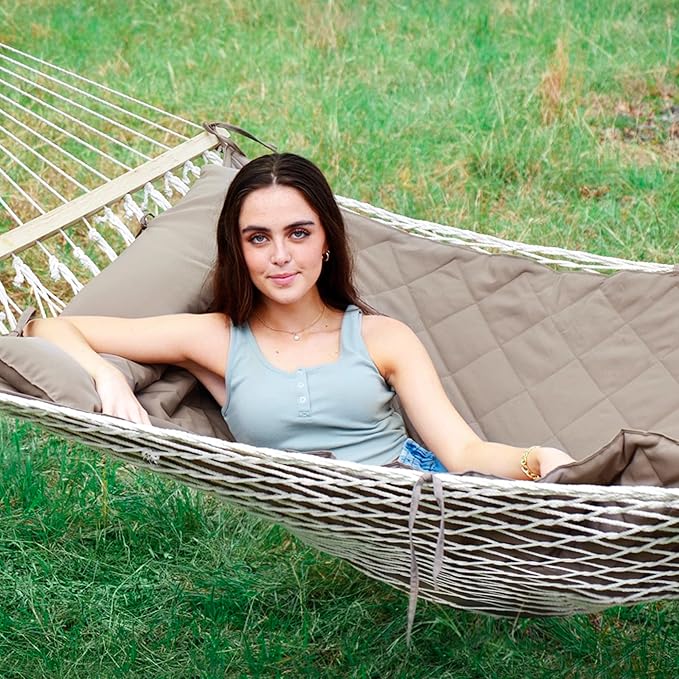 ANOW 2 Person Hammock with Spreader Bars, Rope Hammock with Pad for Outside, 450 LBS Weight Capacity, Light Brown